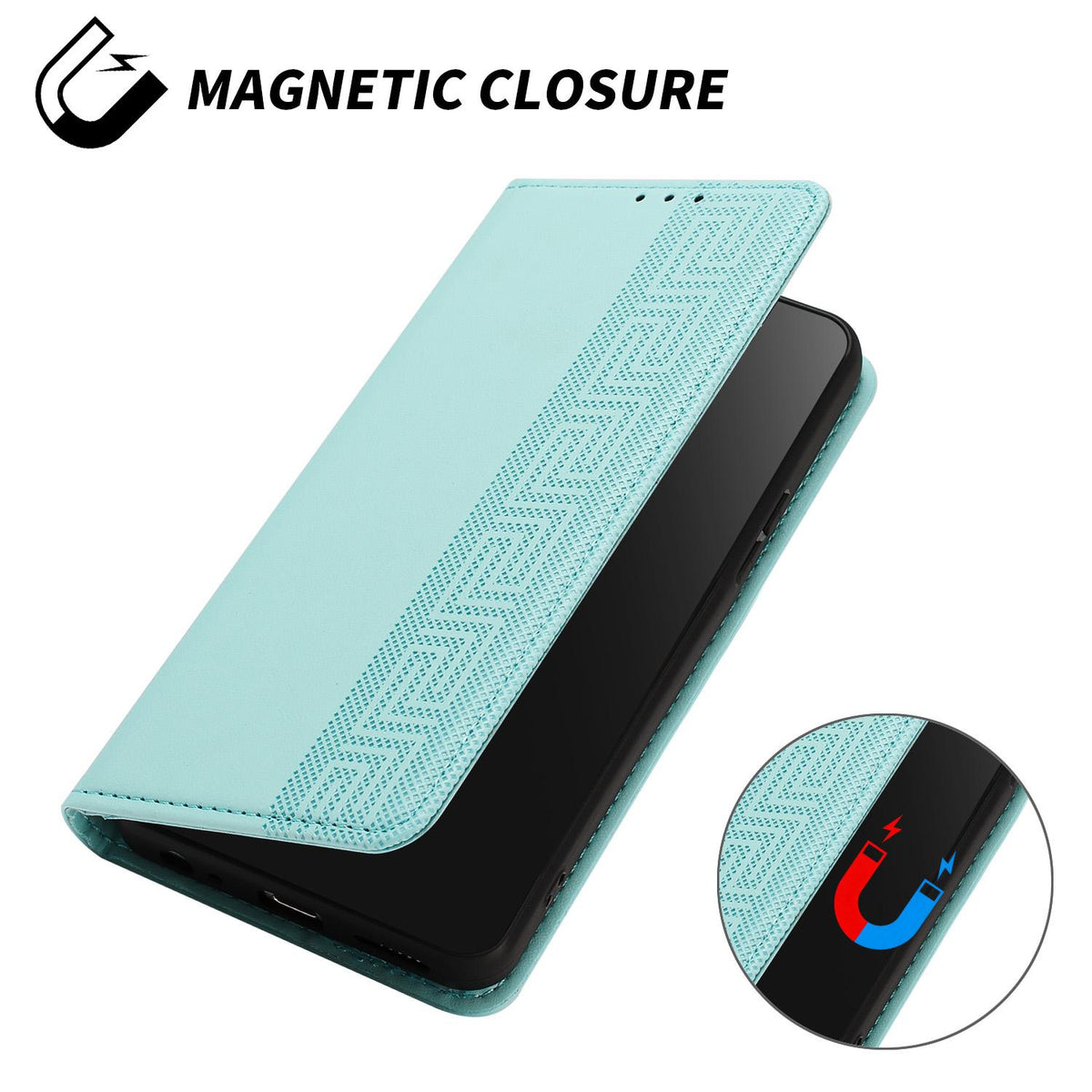 Compatible with iPhone 18 Pro Max Embossed Meander Pattern RFID Vegan Leather Phone Case - Mint Green