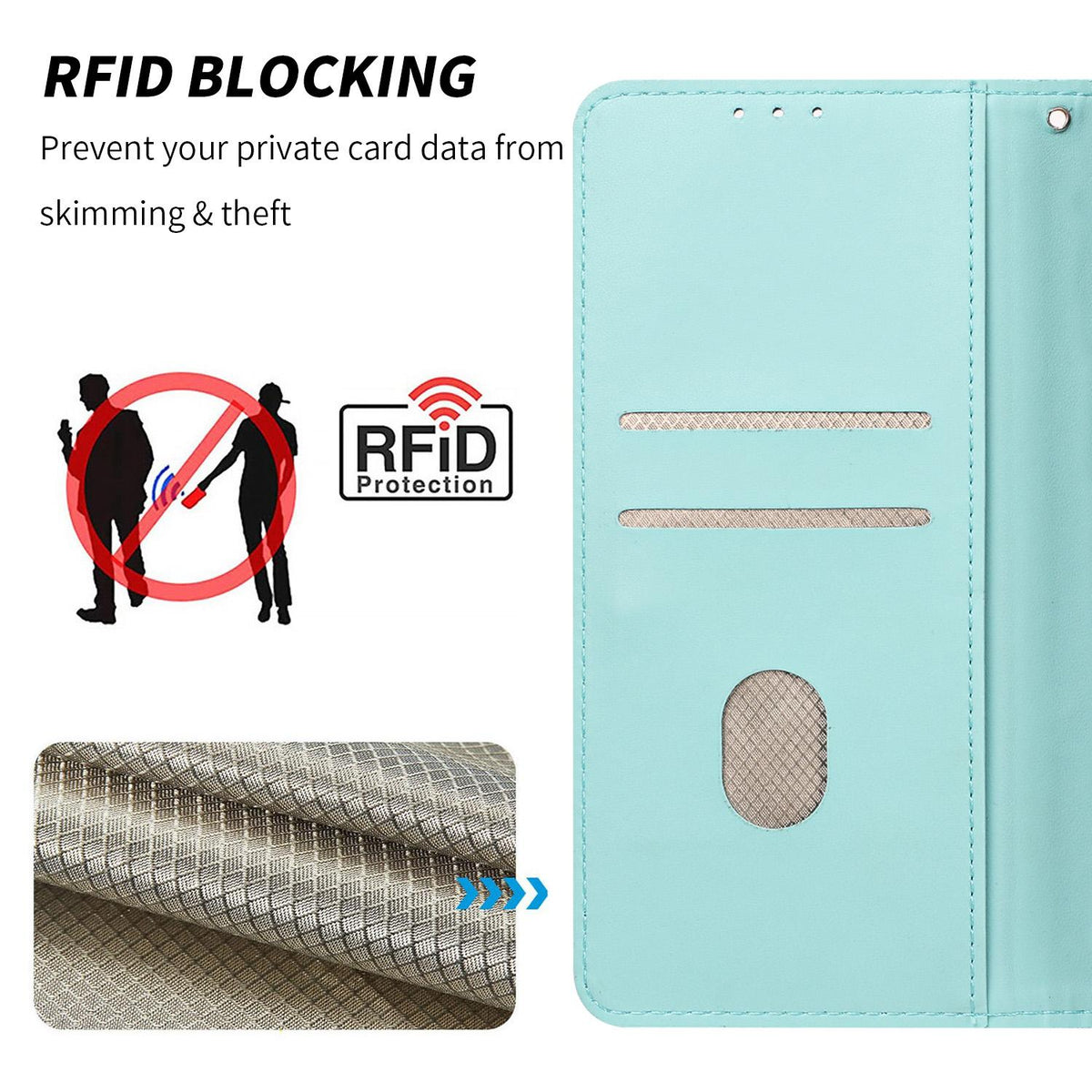 Compatible with iPhone 18 Pro Max Embossed Meander Pattern RFID Vegan Leather Phone Case - Mint Green