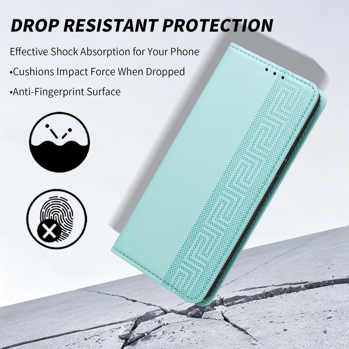 Compatible with iPhone 18 Pro Max Embossed Meander Pattern RFID Vegan Leather Phone Case - Mint Green