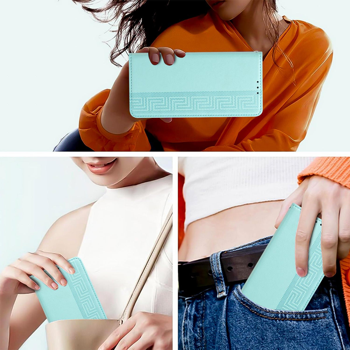 Compatible with iPhone 18 Pro Max Embossed Meander Pattern RFID Vegan Leather Phone Case - Mint Green