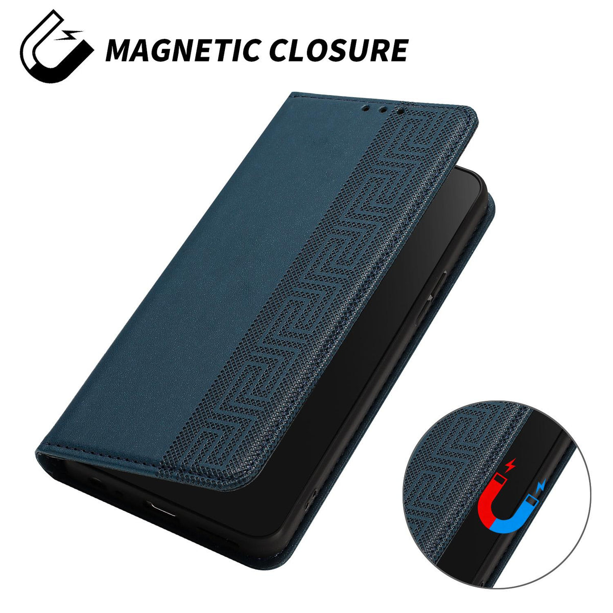 Compatible with iPhone 18 Pro Max Embossed Meander Pattern RFID Vegan Leather Phone Case - Dark Blue