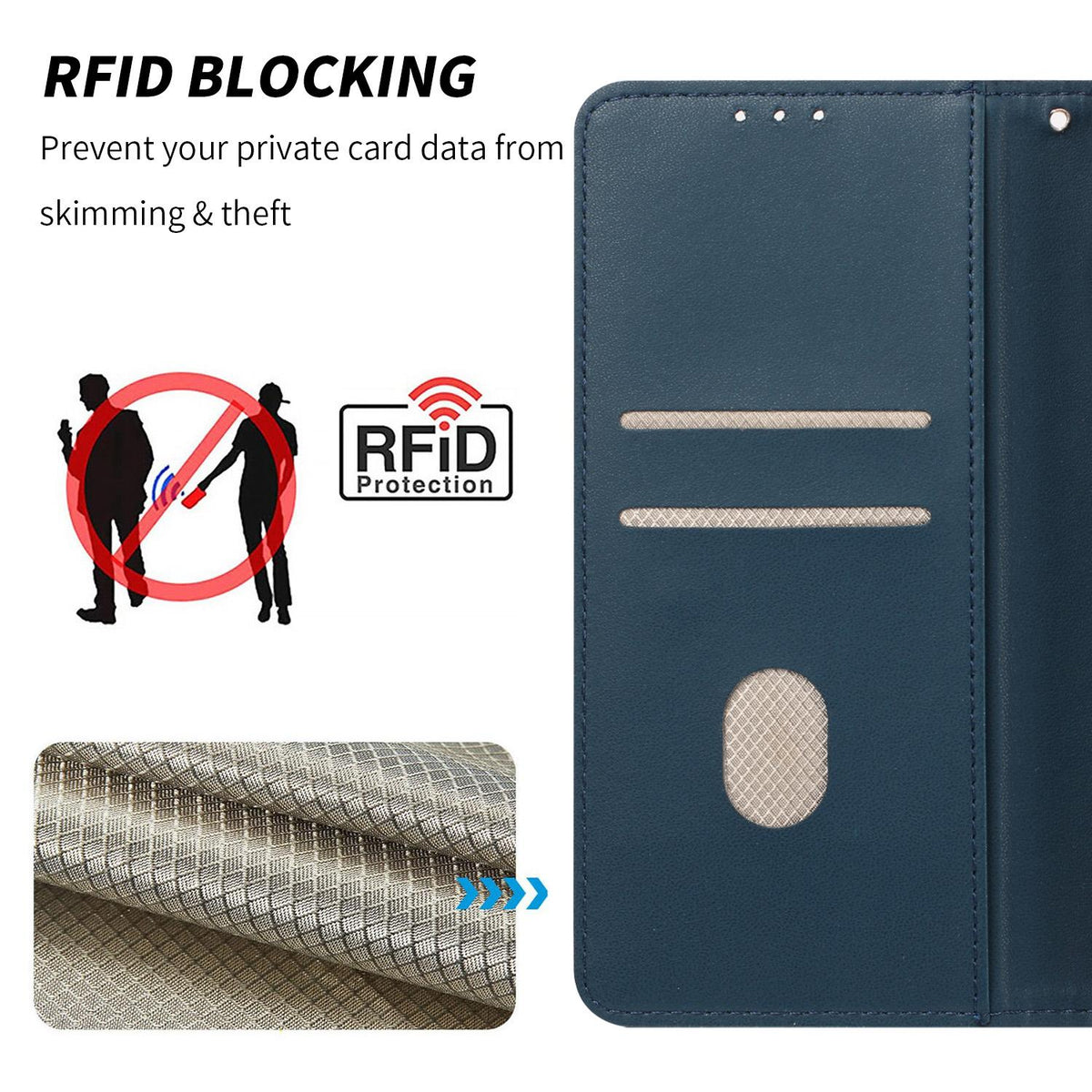 Compatible with iPhone 18 Pro Max Embossed Meander Pattern RFID Vegan Leather Phone Case - Dark Blue