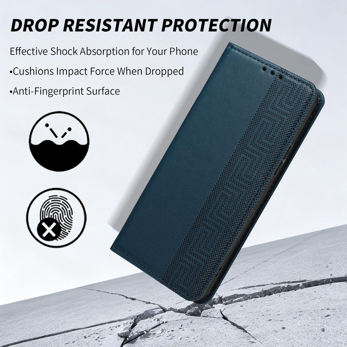 Compatible with iPhone 18 Pro Max Embossed Meander Pattern RFID Vegan Leather Phone Case - Dark Blue