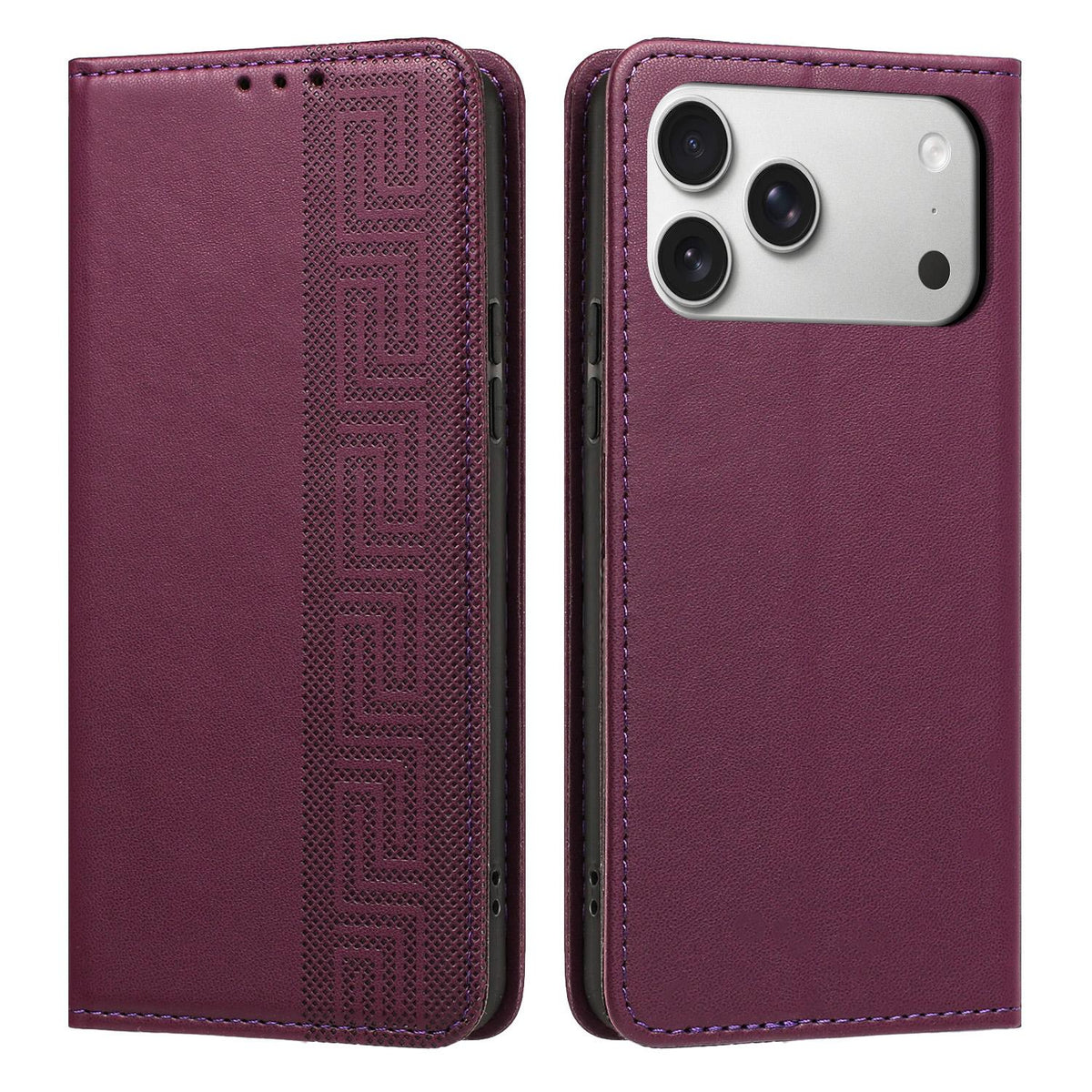 Compatible with iPhone 18 Pro Max Embossed Meander Pattern RFID Vegan Leather Phone Case - Dark Purple