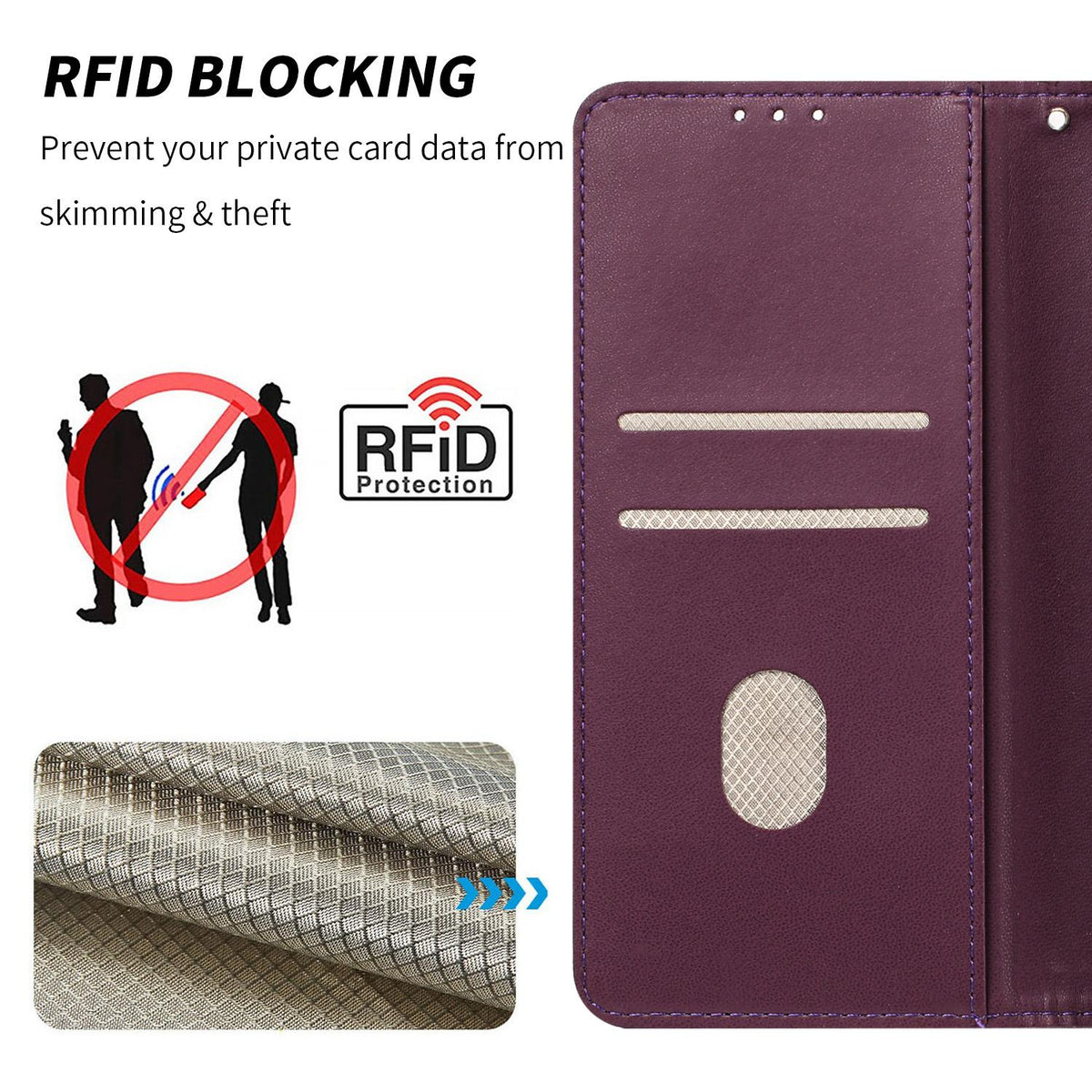 Compatible with iPhone 18 Pro Max Embossed Meander Pattern RFID Vegan Leather Phone Case - Dark Purple