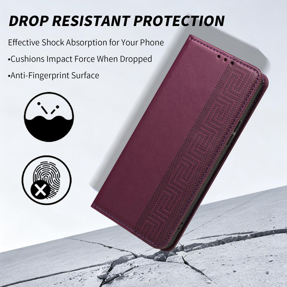 Compatible with iPhone 18 Pro Max Embossed Meander Pattern RFID Vegan Leather Phone Case - Dark Purple