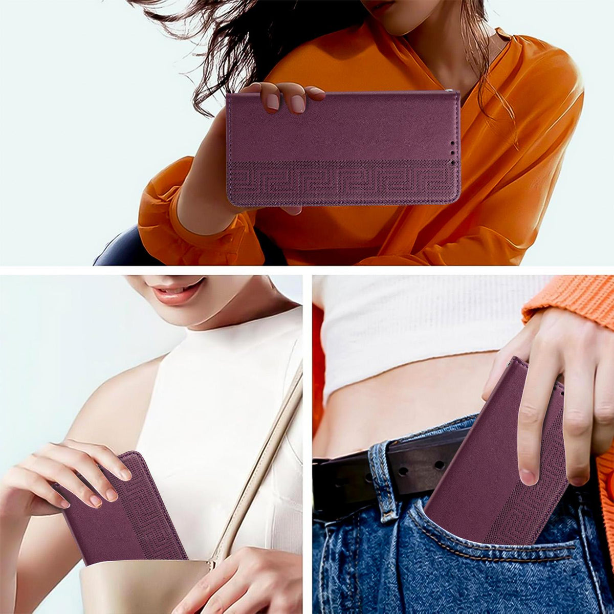 Compatible with iPhone 18 Pro Max Embossed Meander Pattern RFID Vegan Leather Phone Case - Dark Purple