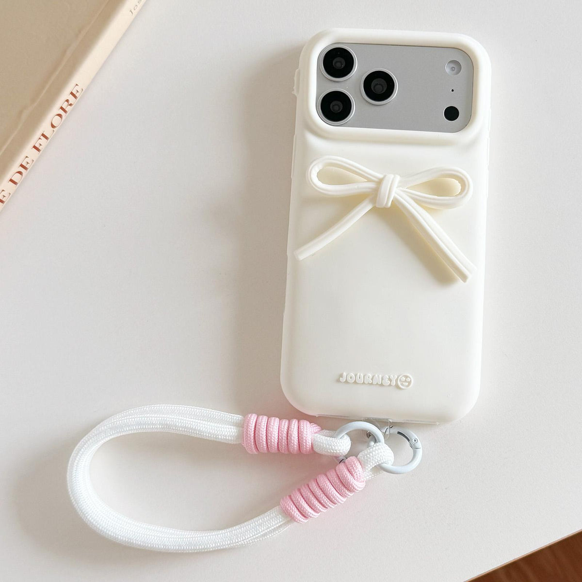 Compatible with iPhone 18 Pro Max & 17 Pro Max Bow TPU Dual-Layer PC Bulge Phone Case with Lanyard - White
