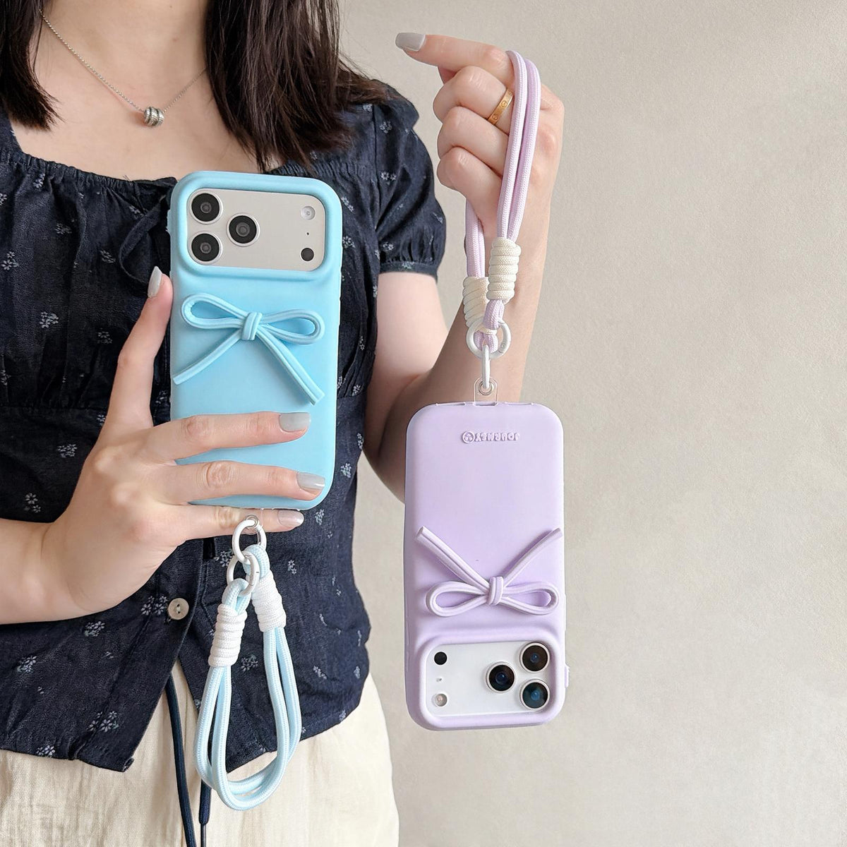 Compatible with iPhone 18 Pro & 17 Pro Bow TPU Dual-Layer PC Bulge Phone Case with Lanyard - Red