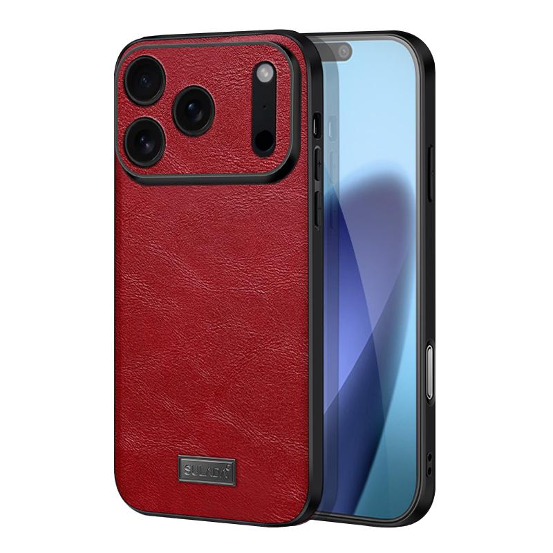 Compatible with iPhone 18 Pro Max SULADA Shockproof TPU Dual-Layer Handmade Leather Precise Hole Phone Case - Red