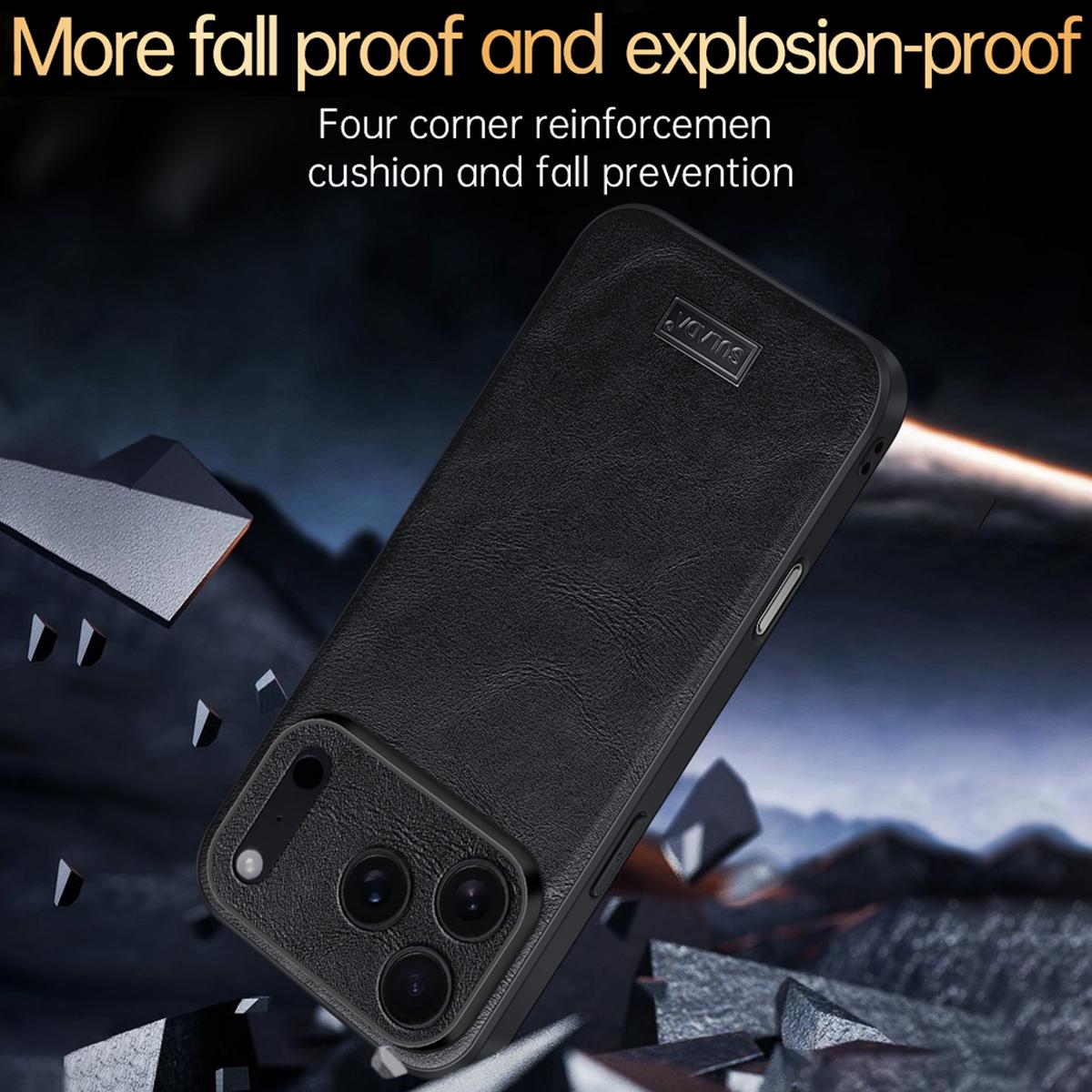 Compatible with iPhone 18 Pro Max SULADA Shockproof TPU Dual-Layer Handmade Leather Precise Hole Phone Case - Black