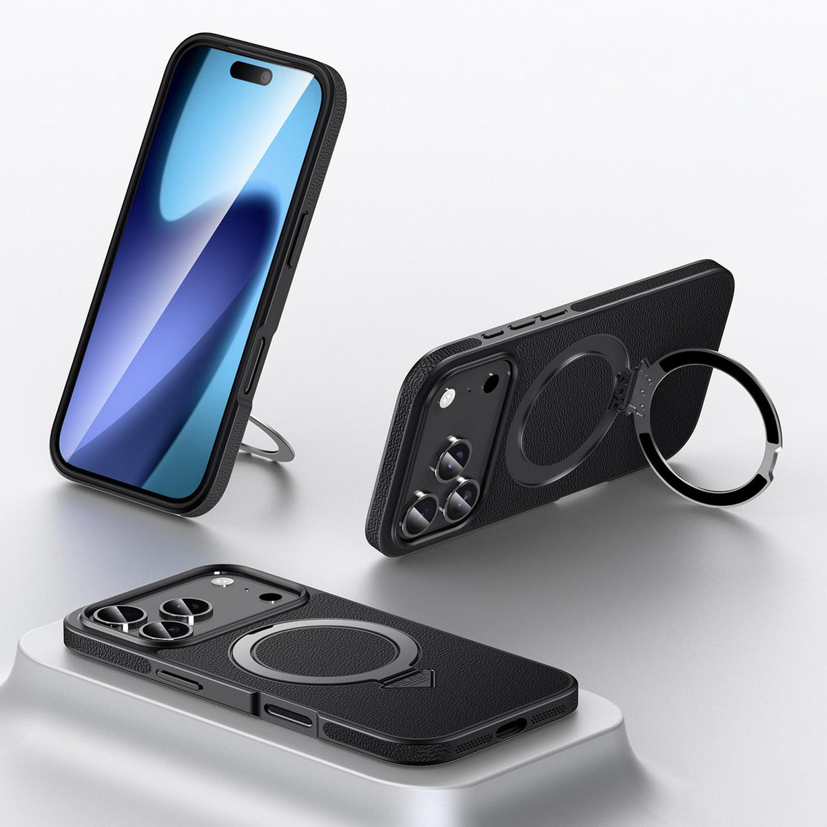 Compatible with iPhone 18 Pro Max SULADA Top Grain Leather MagSafe Magnetic Holder Phone Case - Black
