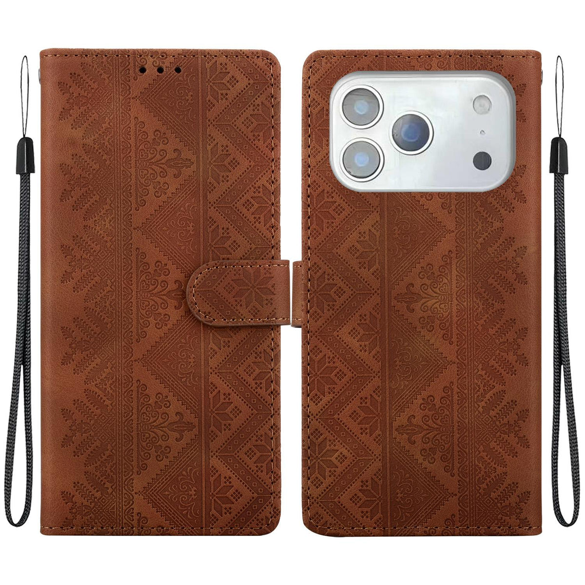 Compatible with iPhone 18 Pro Max Ethnic Pattern Embossed Vegan Leather Phone Case - Brown