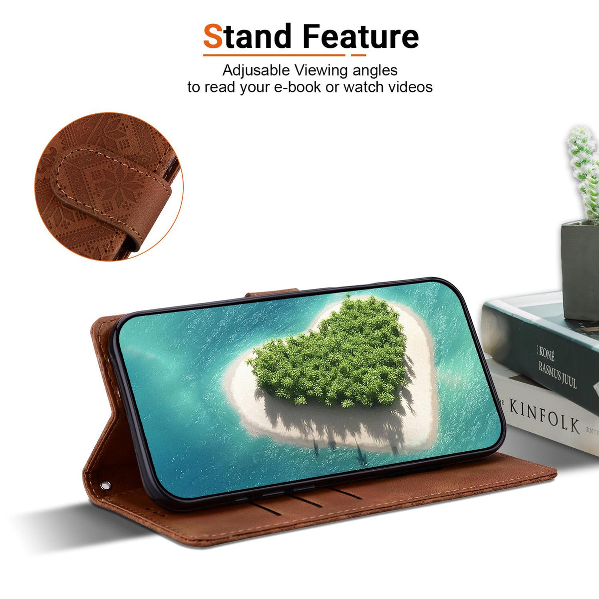 Compatible with iPhone 18 Pro Max Ethnic Pattern Embossed Vegan Leather Phone Case - Brown