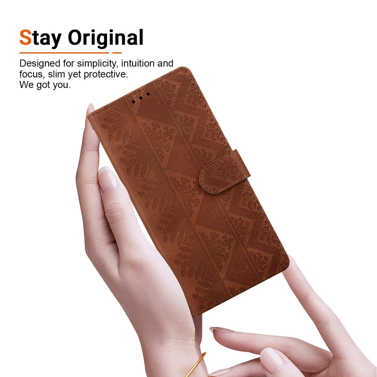 Compatible with iPhone 18 Pro Max Ethnic Pattern Embossed Vegan Leather Phone Case - Brown