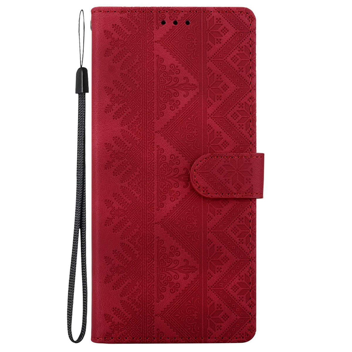 Compatible with iPhone 18 Pro Max Ethnic Pattern Embossed Vegan Leather Phone Case - Red