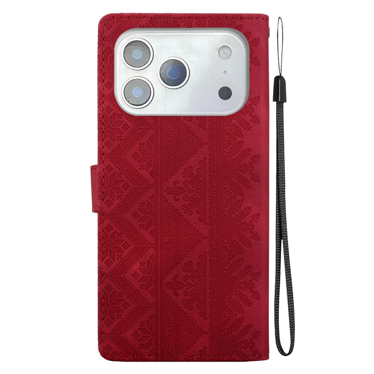 Compatible with iPhone 18 Pro Max Ethnic Pattern Embossed Vegan Leather Phone Case - Red