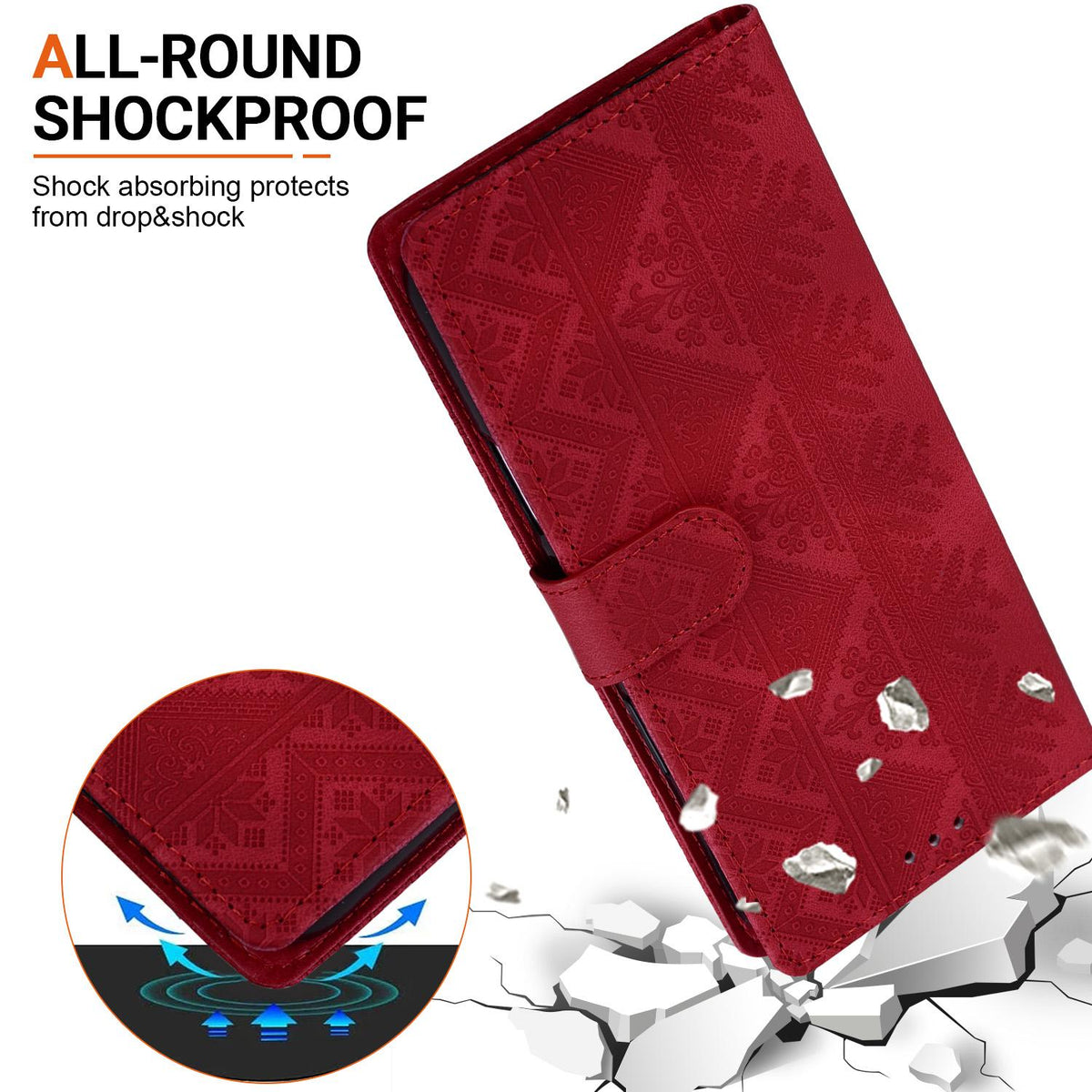 Compatible with iPhone 18 Pro Max Ethnic Pattern Embossed Vegan Leather Phone Case - Red