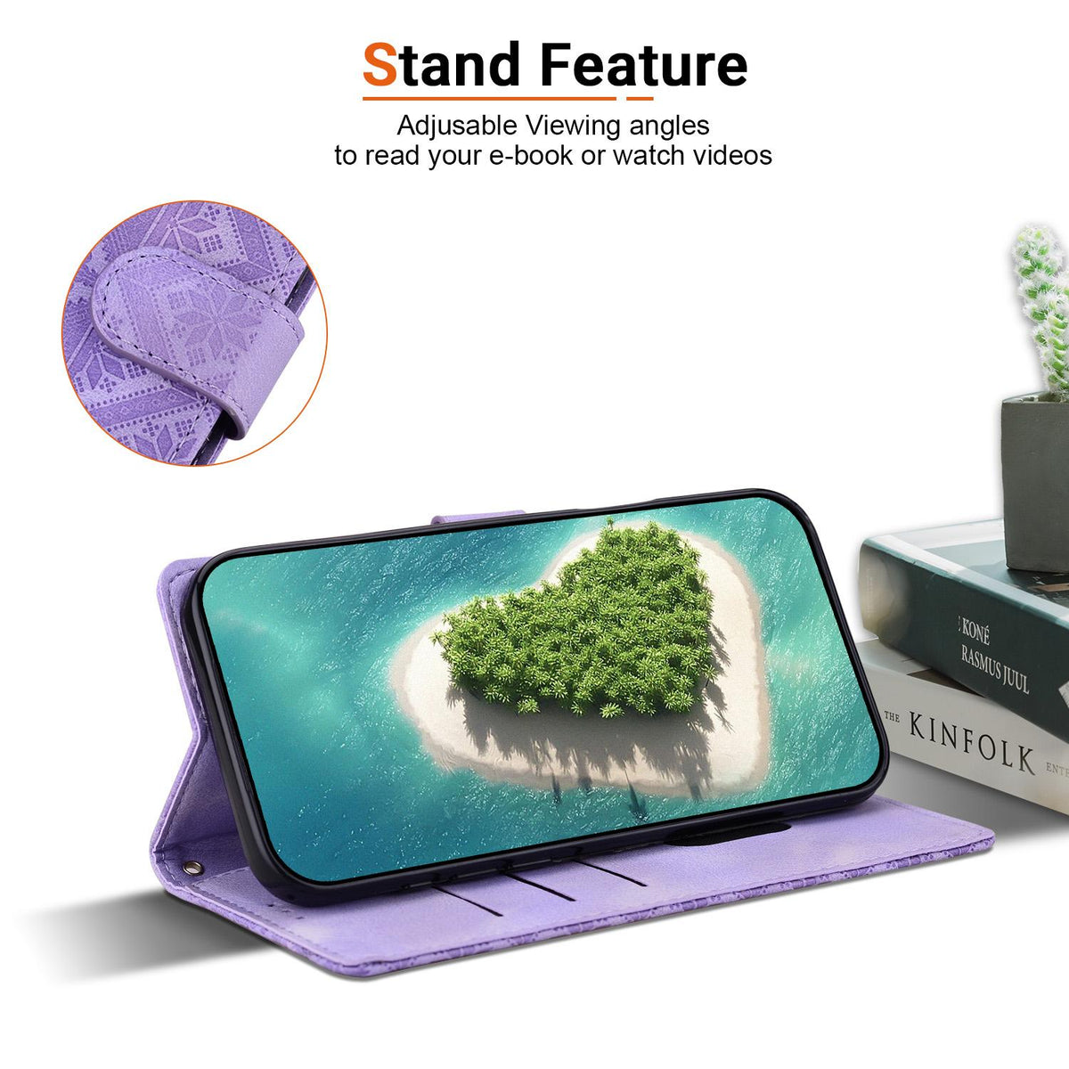 Compatible with iPhone 18 Pro Max Ethnic Pattern Embossed Vegan Leather Phone Case - Purple