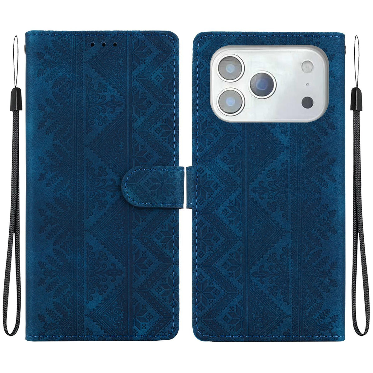 Compatible with iPhone 18 Pro Max Ethnic Pattern Embossed Vegan Leather Phone Case - Dark Blue