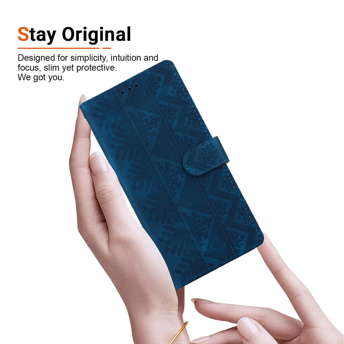 Compatible with iPhone 18 Pro Max Ethnic Pattern Embossed Vegan Leather Phone Case - Dark Blue