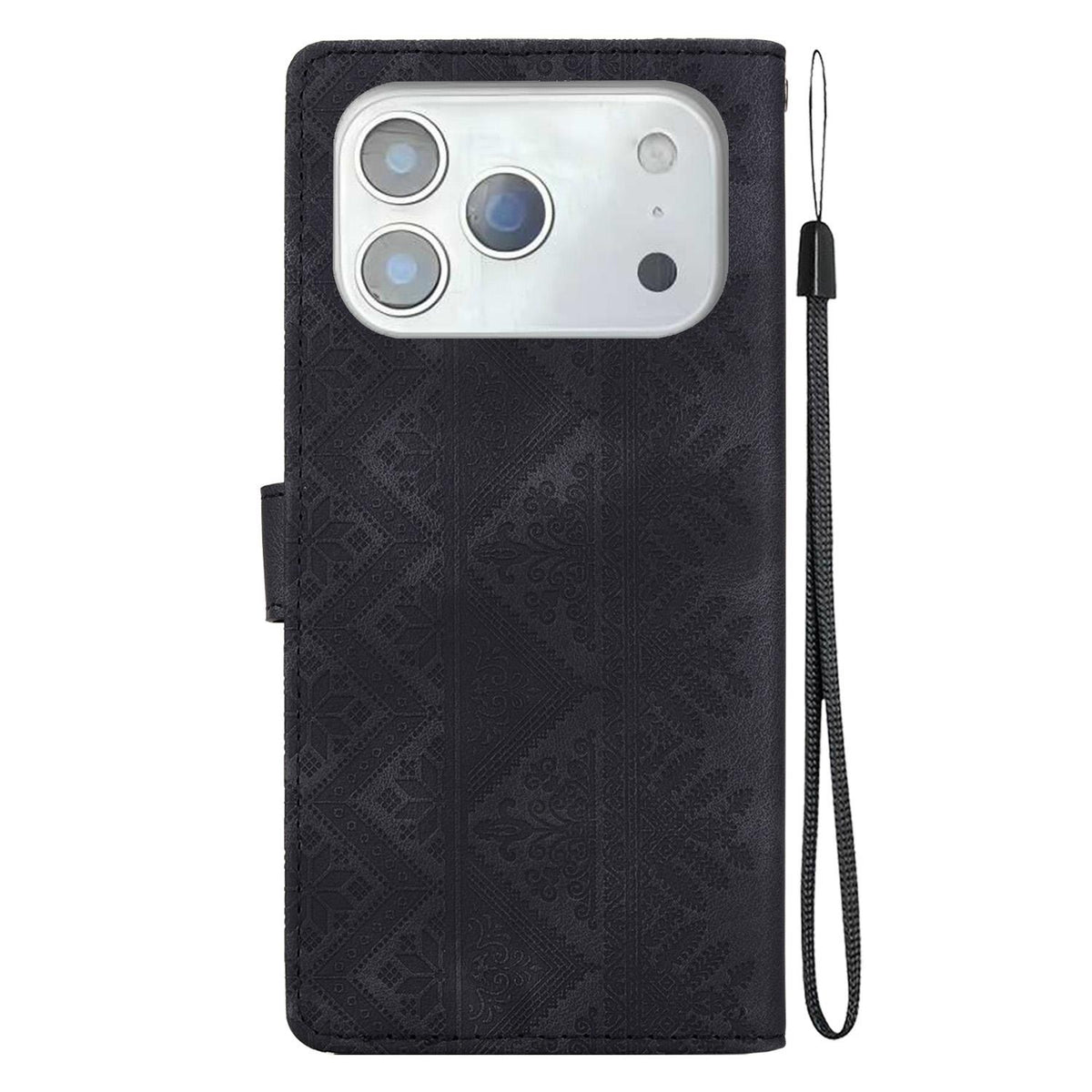 Compatible with iPhone 18 Pro Max Ethnic Pattern Embossed Vegan Leather Phone Case - Black