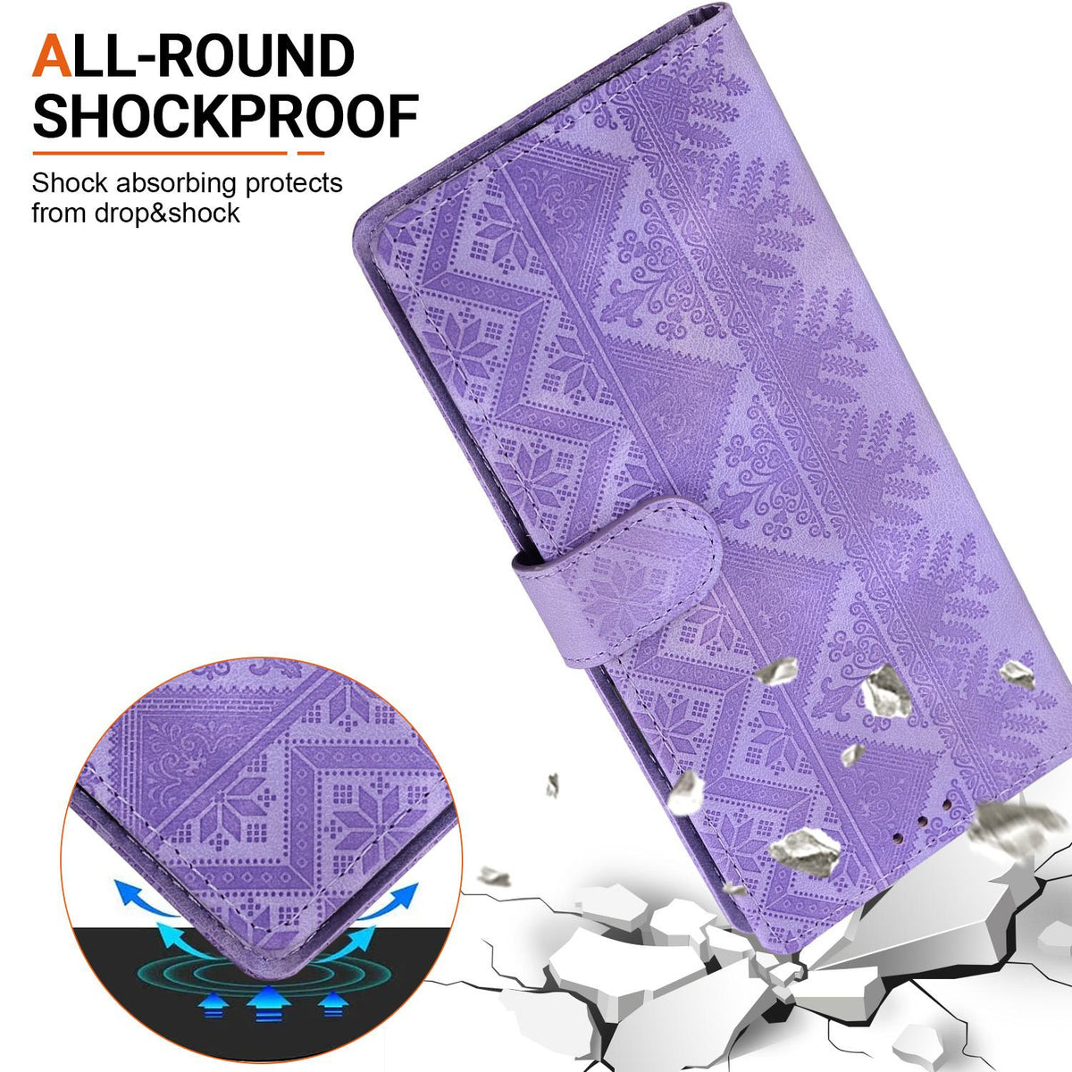 Compatible with iPhone 18 Pro Ethnic Pattern Embossed Vegan Leather Phone Case - Purple