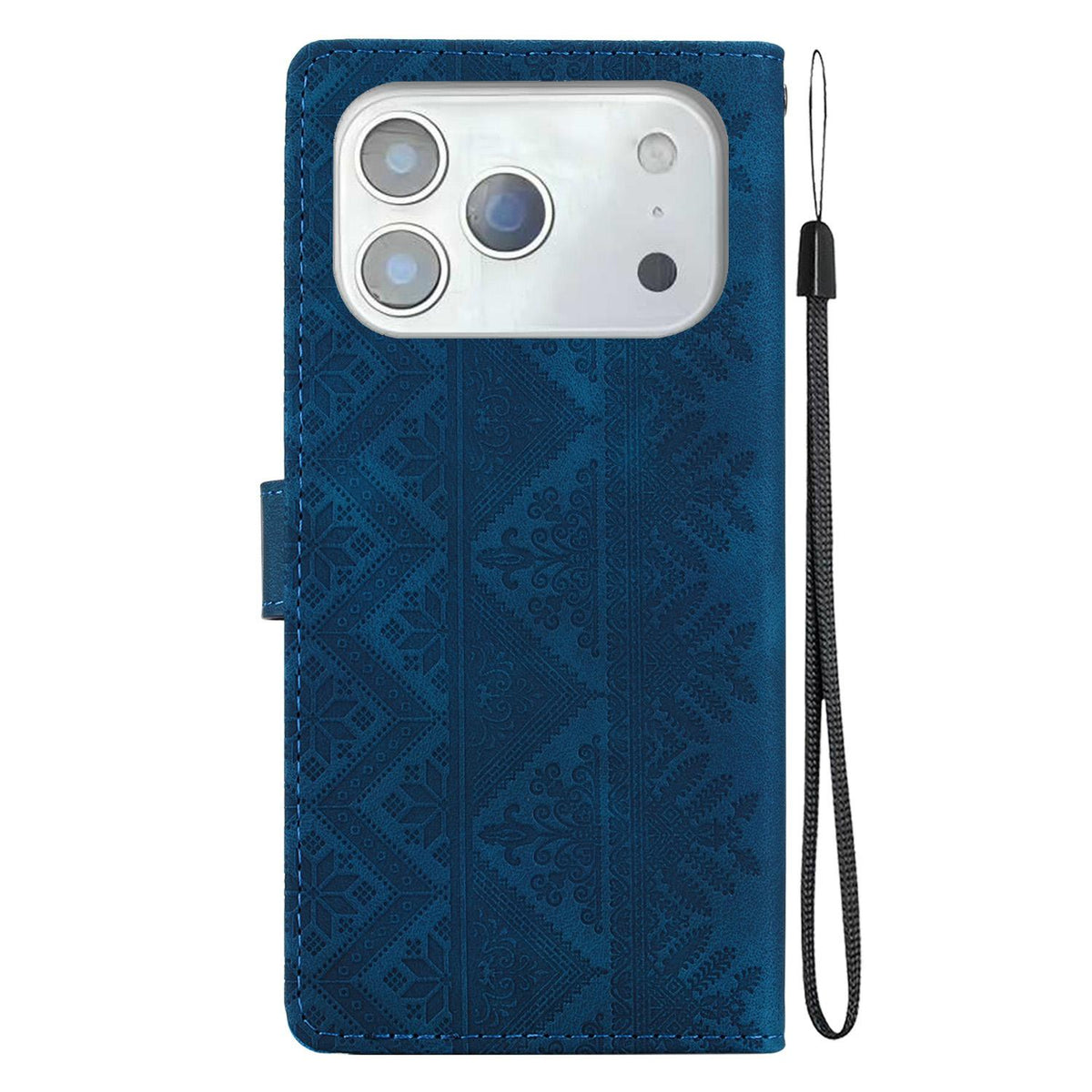 Compatible with iPhone 18 Pro Ethnic Pattern Embossed Vegan Leather Phone Case - Dark Blue
