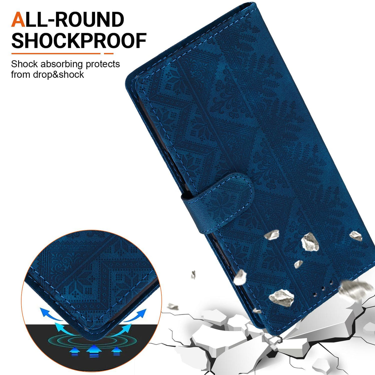 Compatible with iPhone 18 Pro Ethnic Pattern Embossed Vegan Leather Phone Case - Dark Blue