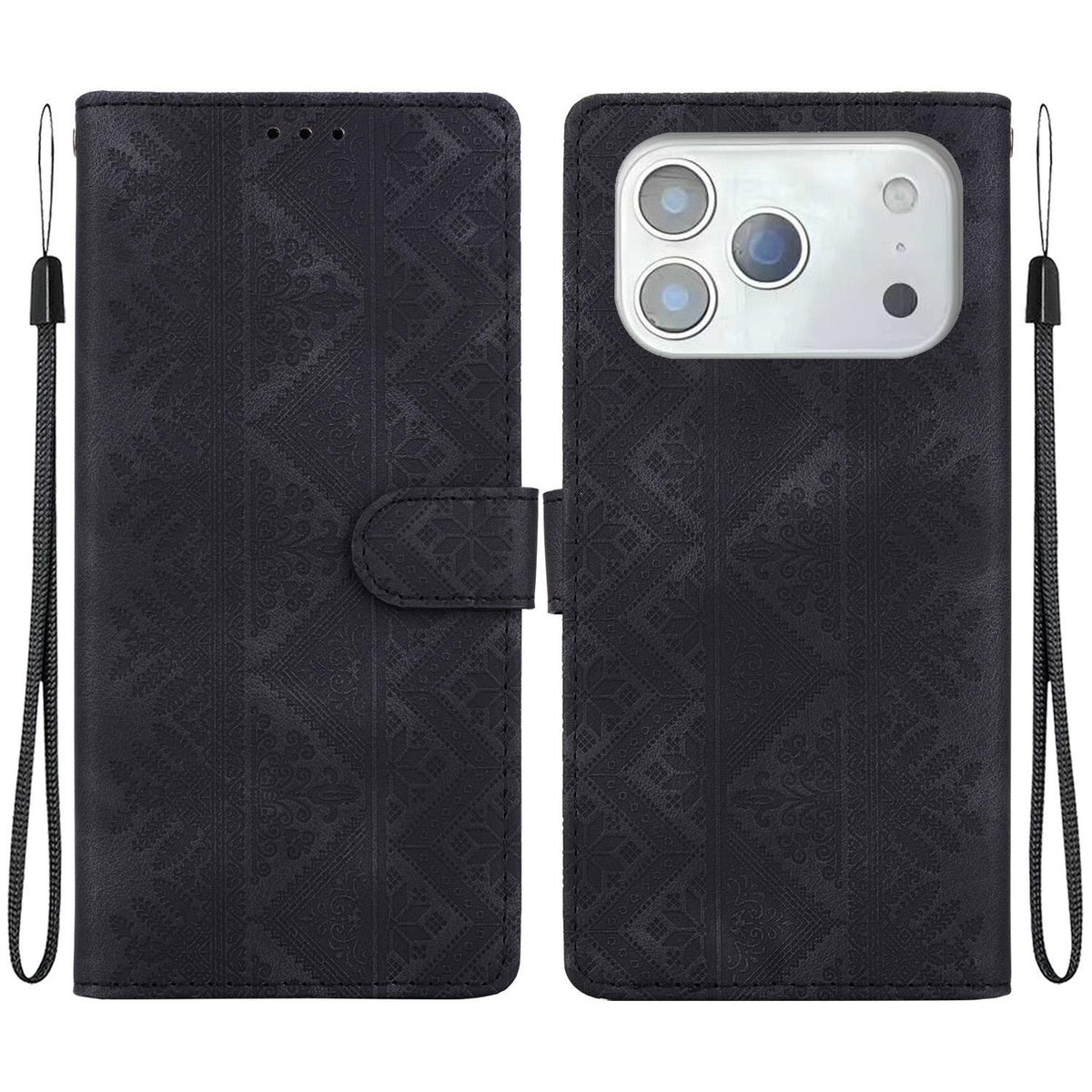 Compatible with iPhone 18 Pro Ethnic Pattern Embossed Vegan Leather Phone Case - Black