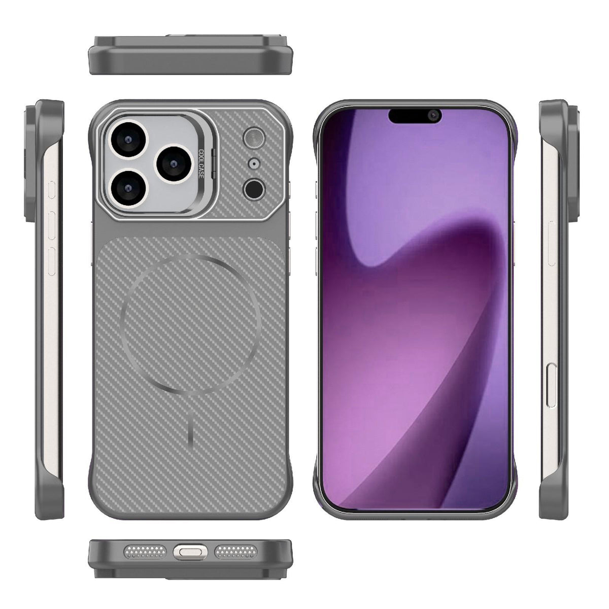 Compatible with iPhone 18 Pro Max Frameless Half-Wrapped Carbon Fiber Texture PC Magnetic Phone Case - Gray