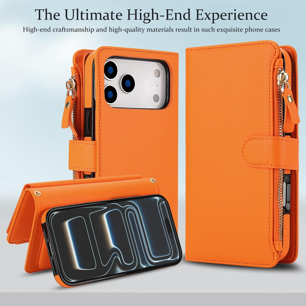 Compatible with iPhone 18 Pro Max KLT-033 Detachable 2 in 1 Zipper Wallet Magnetic Phone Case with Lanyard - Orange