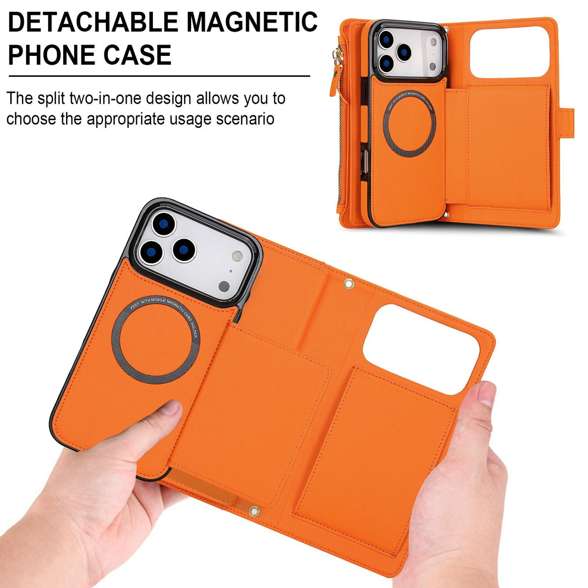 Compatible with iPhone 18 Pro Max KLT-033 Detachable 2 in 1 Zipper Wallet Magnetic Phone Case with Lanyard - Orange