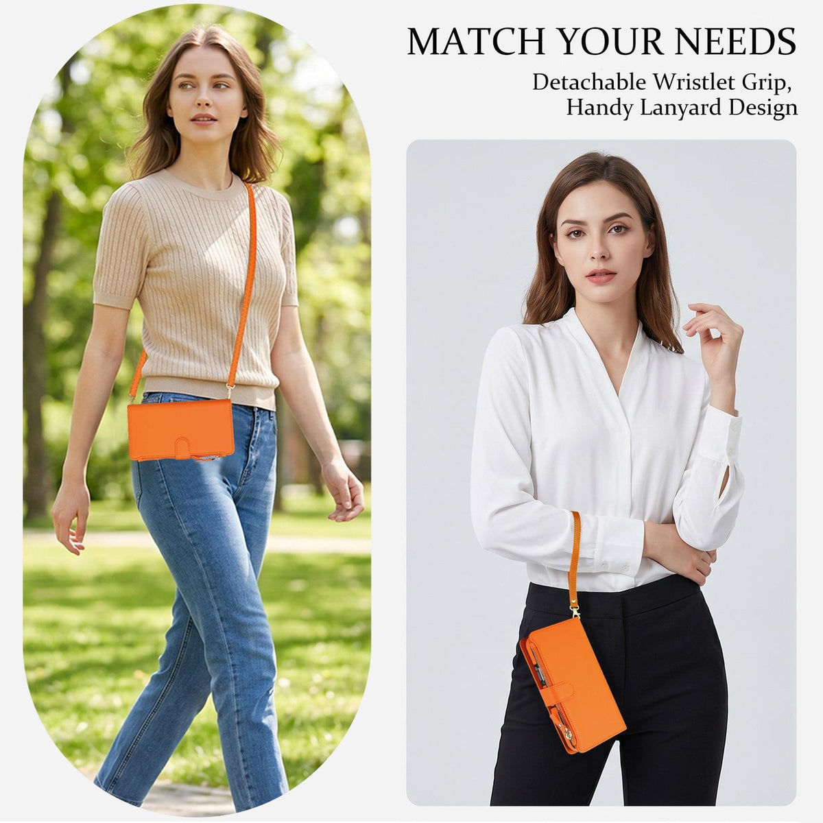 Compatible with iPhone 18 Pro Max KLT-033 Detachable 2 in 1 Zipper Wallet Magnetic Phone Case with Lanyard - Orange