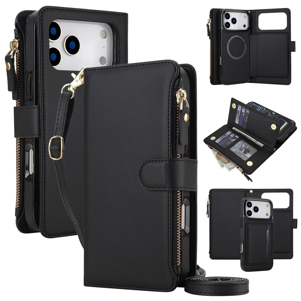 Compatible with iPhone 18 Pro Max KLT-033 Detachable 2 in 1 Zipper Wallet Magnetic Phone Case with Lanyard - Black