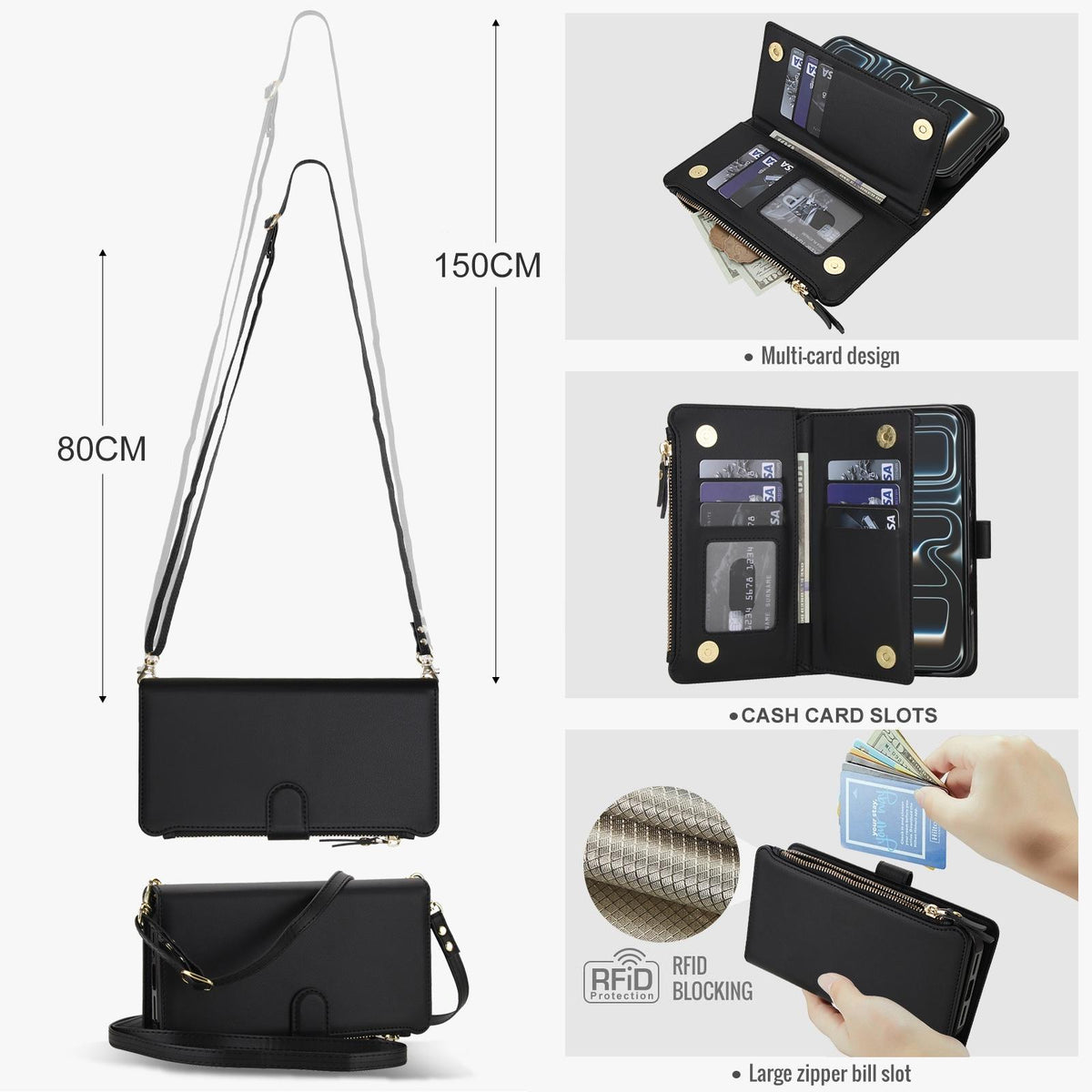 Compatible with iPhone 18 Pro Max KLT-033 Detachable 2 in 1 Zipper Wallet Magnetic Phone Case with Lanyard - Black