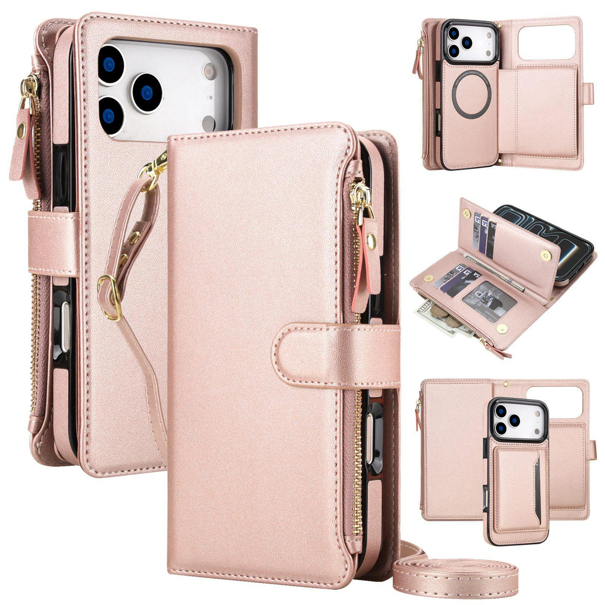 Compatible with iPhone 18 Pro Max KLT-033 Detachable 2 in 1 Zipper Wallet Magnetic Phone Case with Lanyard - Rose Gold
