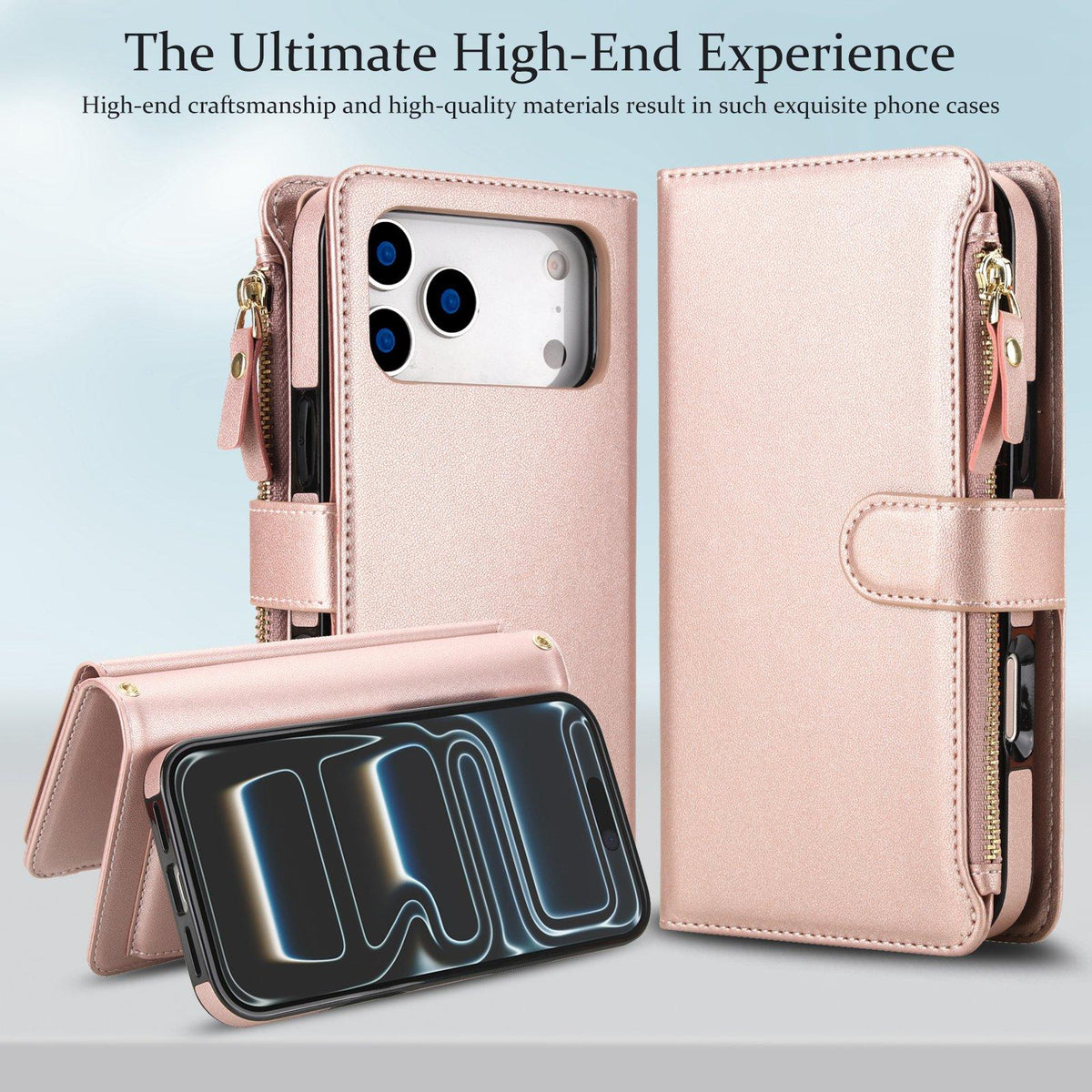 Compatible with iPhone 18 Pro Max KLT-033 Detachable 2 in 1 Zipper Wallet Magnetic Phone Case with Lanyard - Rose Gold