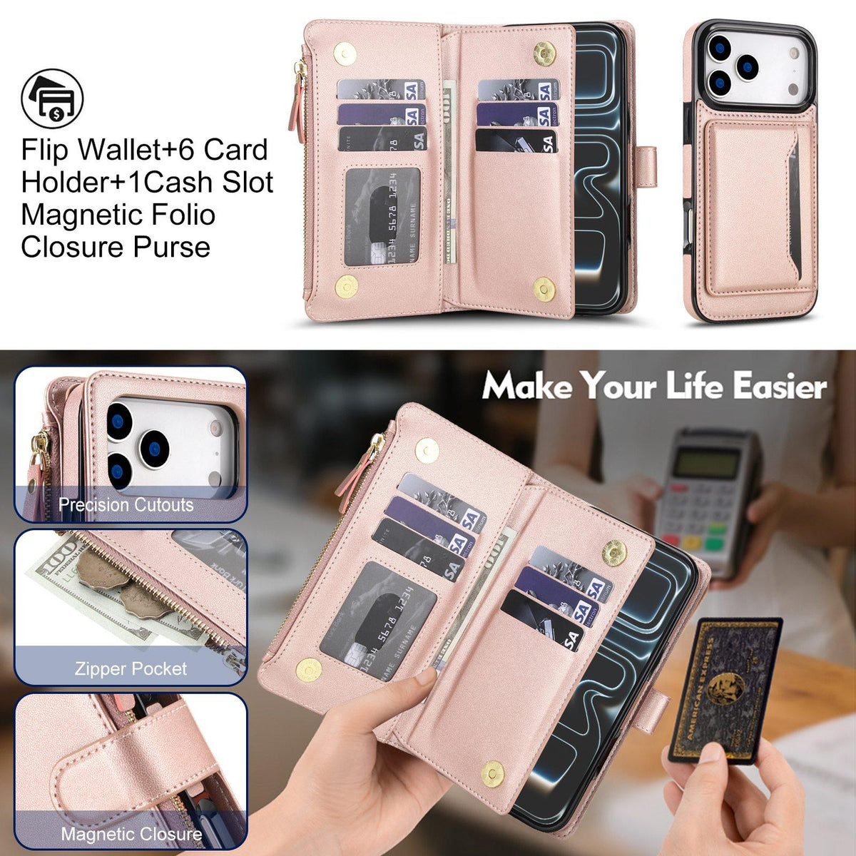 Compatible with iPhone 18 Pro Max KLT-033 Detachable 2 in 1 Zipper Wallet Magnetic Phone Case with Lanyard - Rose Gold