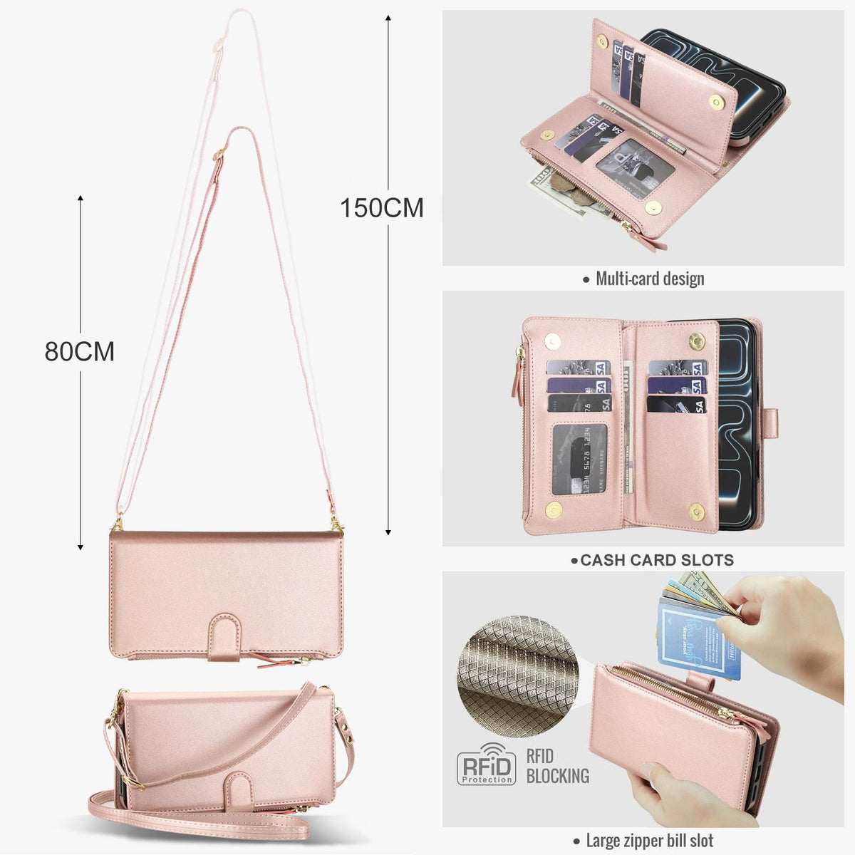 Compatible with iPhone 18 Pro Max KLT-033 Detachable 2 in 1 Zipper Wallet Magnetic Phone Case with Lanyard - Rose Gold