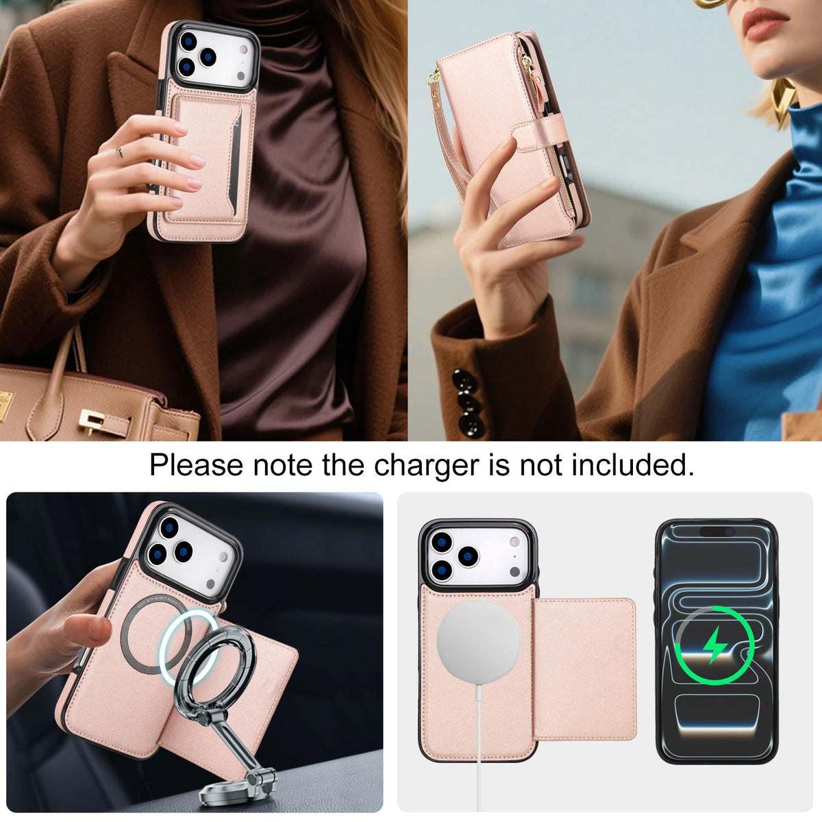 Compatible with iPhone 18 Pro Max KLT-033 Detachable 2 in 1 Zipper Wallet Magnetic Phone Case with Lanyard - Rose Gold