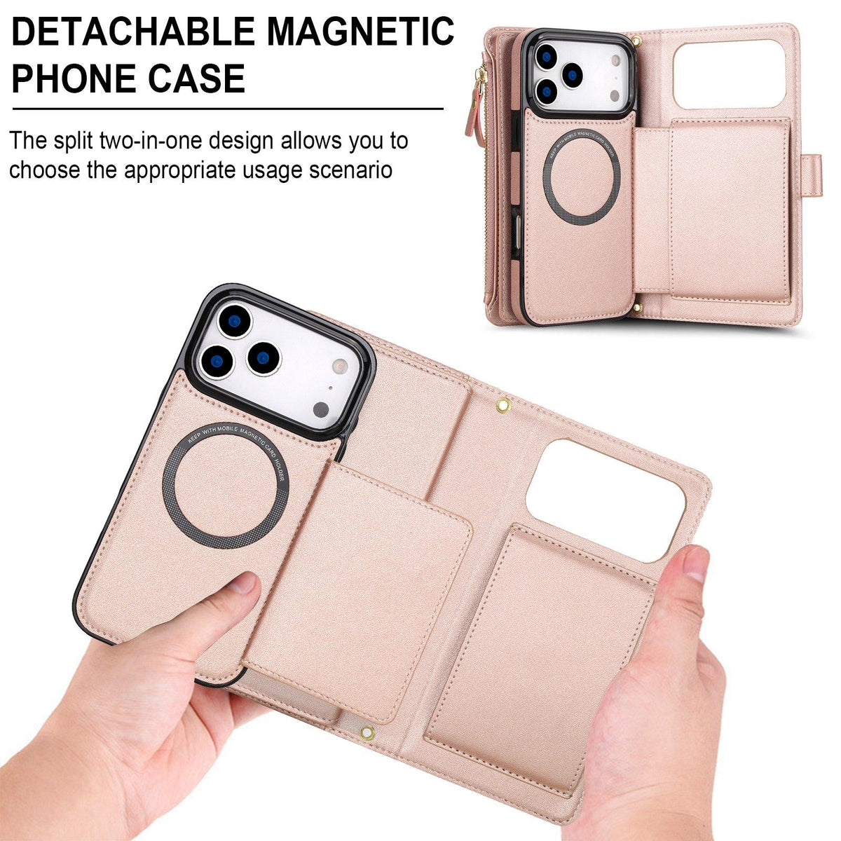 Compatible with iPhone 18 Pro Max KLT-033 Detachable 2 in 1 Zipper Wallet Magnetic Phone Case with Lanyard - Rose Gold