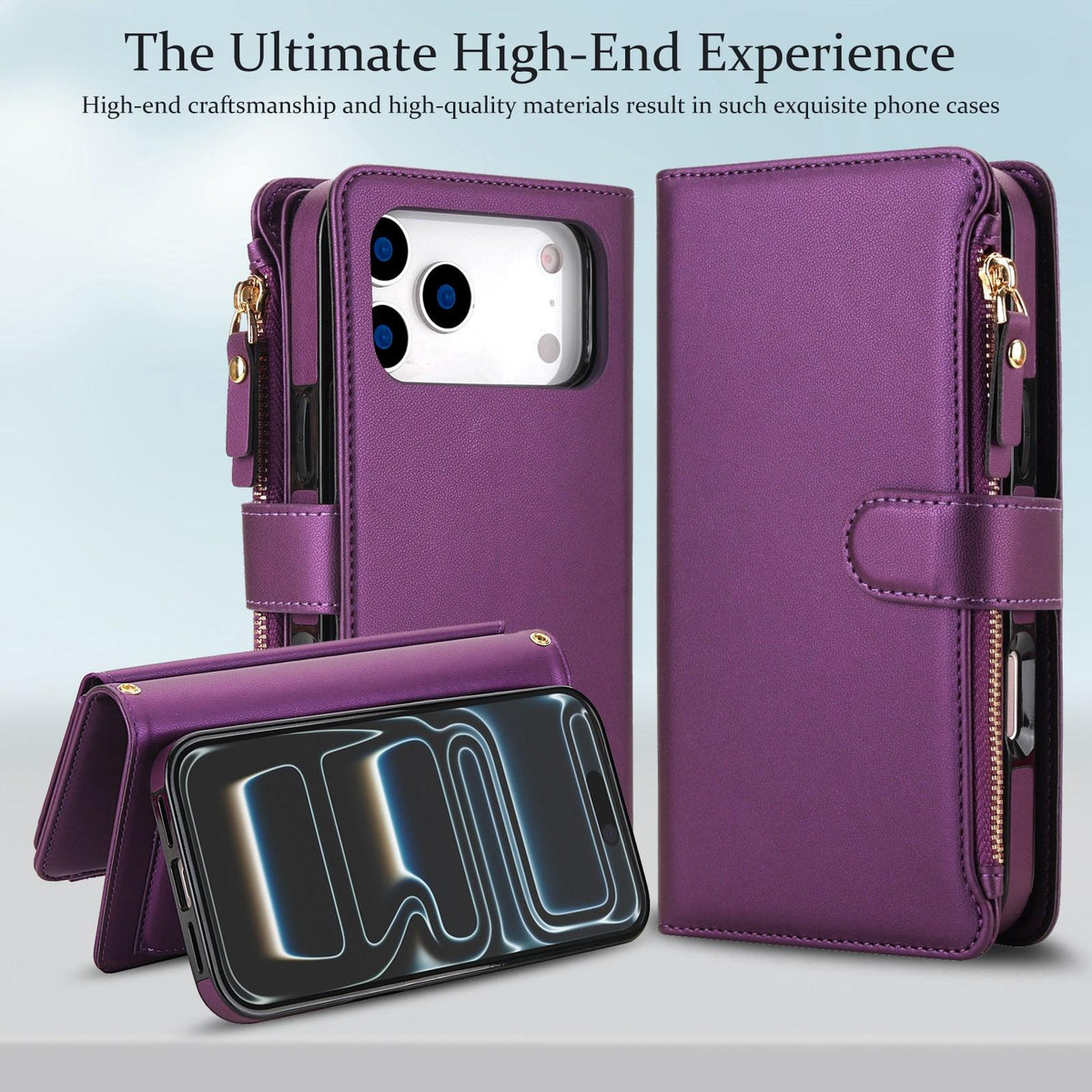 Compatible with iPhone 18 Pro Max KLT-033 Detachable 2 in 1 Zipper Wallet Magnetic Phone Case with Lanyard - Purple