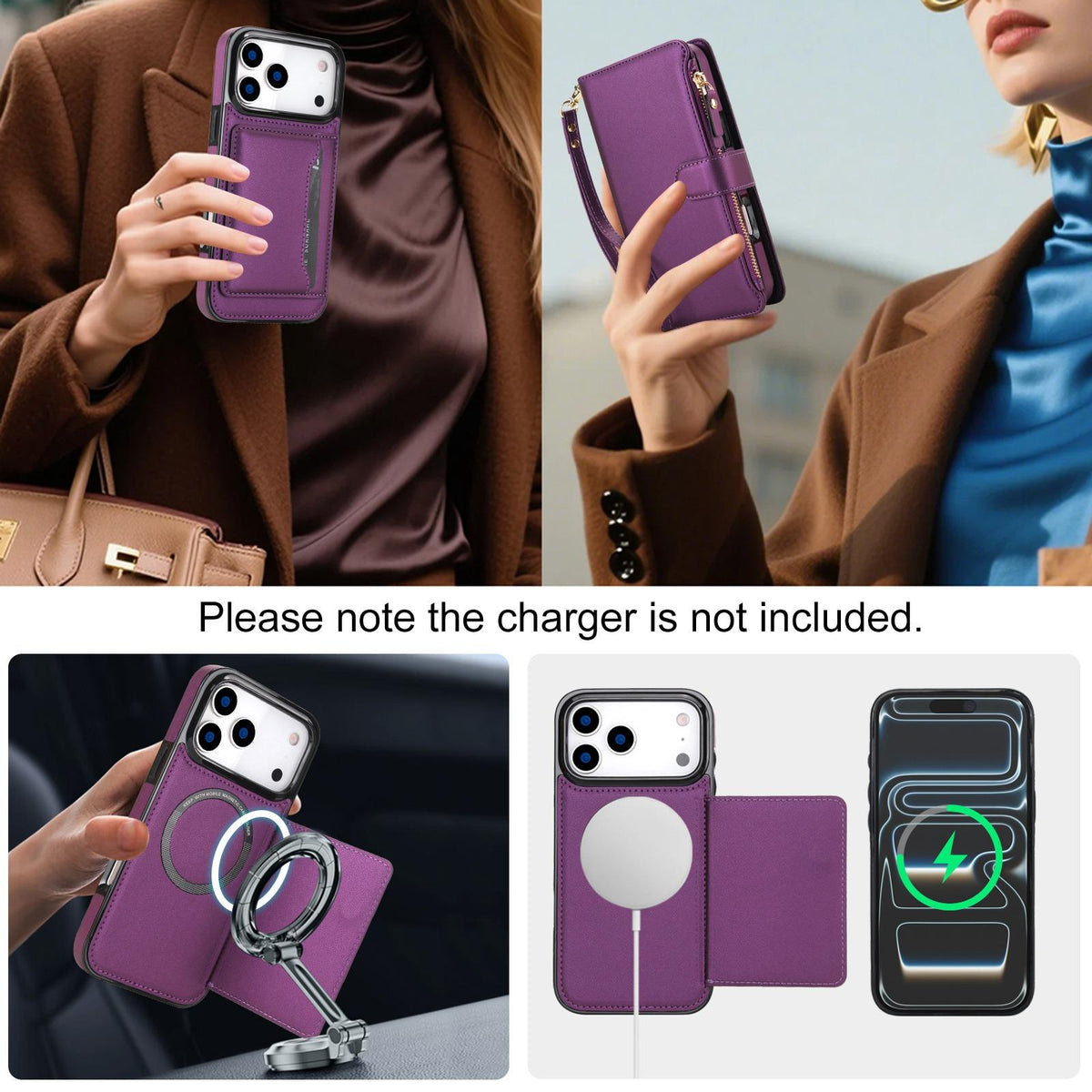 Compatible with iPhone 18 Pro Max KLT-033 Detachable 2 in 1 Zipper Wallet Magnetic Phone Case with Lanyard - Purple