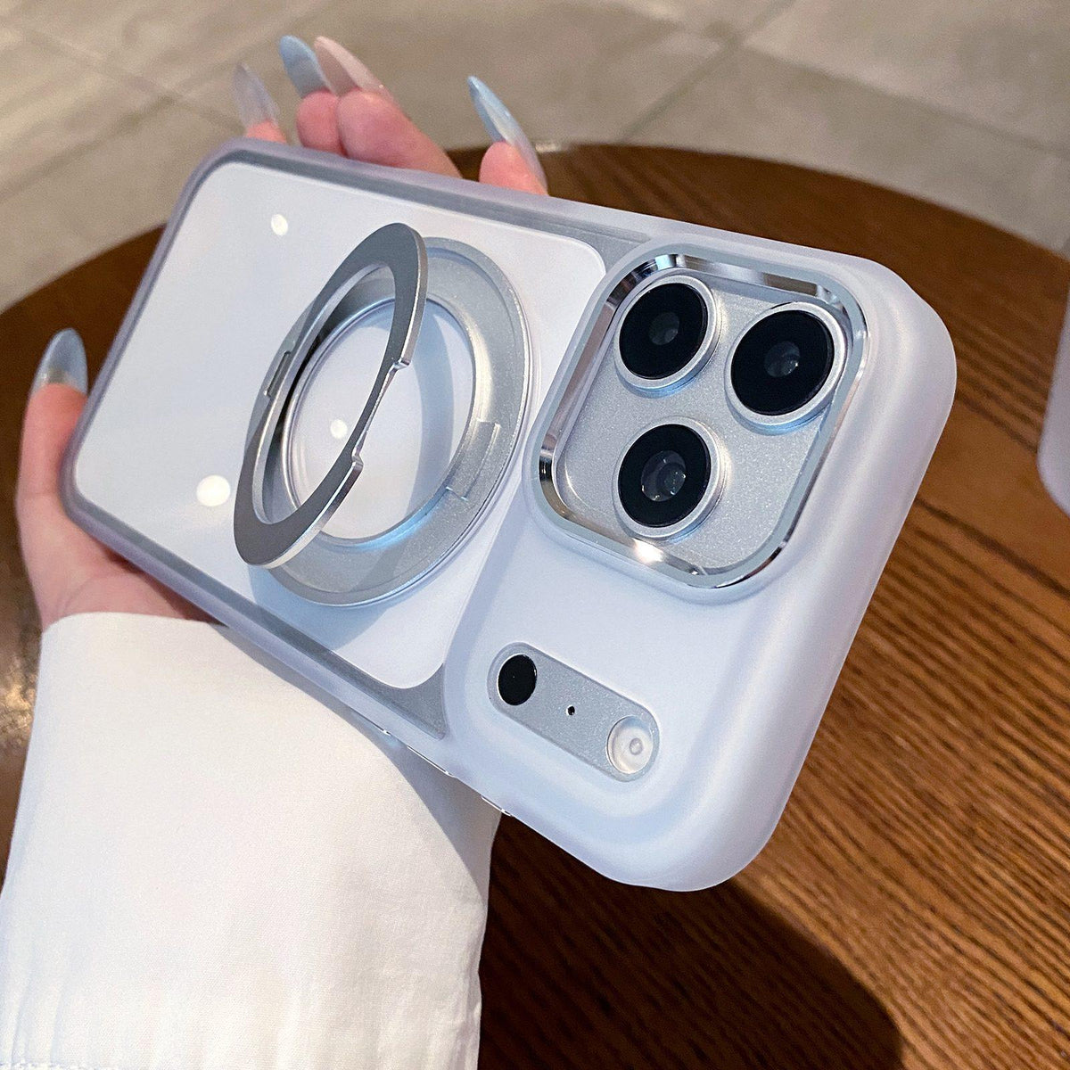 Compatible with iPhone 18 Pro Clear Back Design 360 Degree Rotating Magnetic Holder Phone Case - White