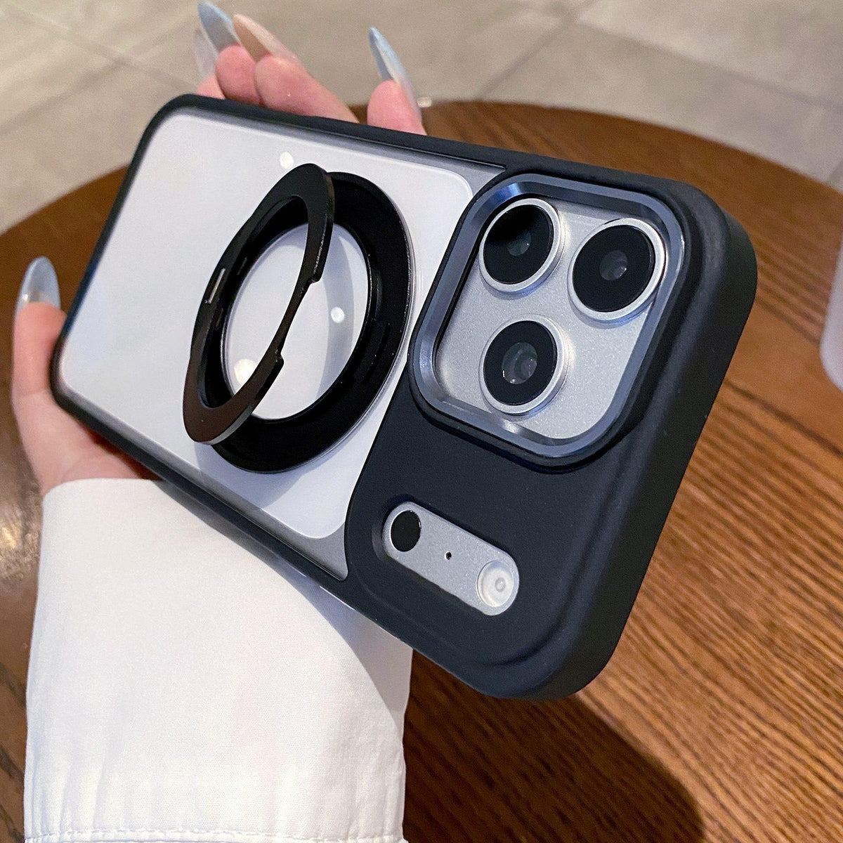 Compatible with iPhone 18 Pro Clear Back Design 360 Degree Rotating Magnetic Holder Phone Case - Black