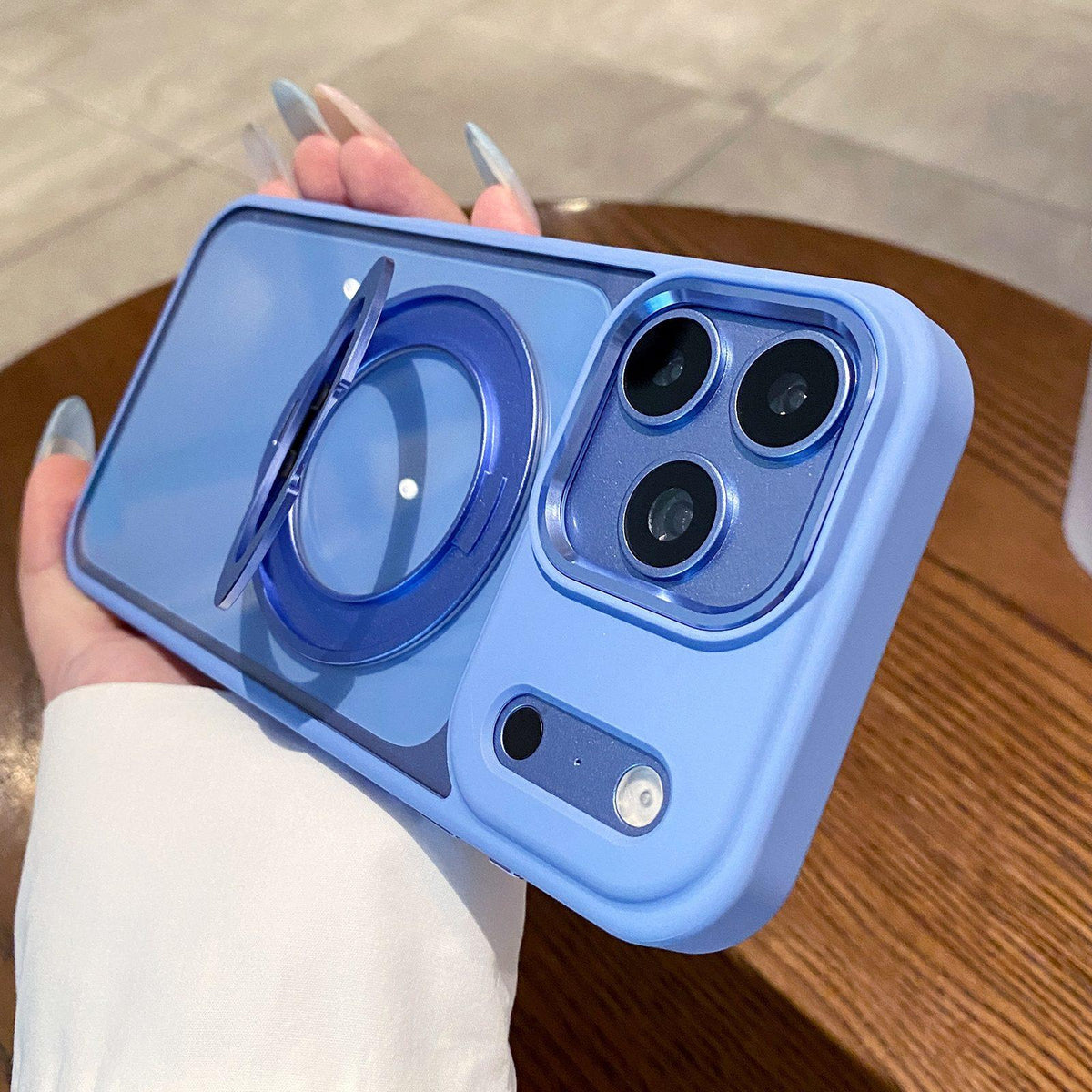 Compatible with iPhone 18 Pro Clear Back Design 360 Degree Rotating Magnetic Holder Phone Case - Blue