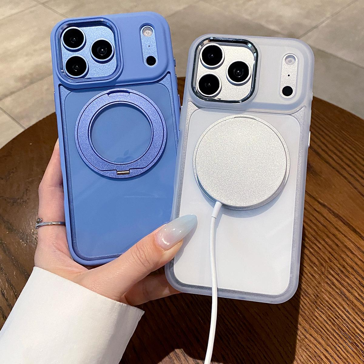 Compatible with iPhone 18 Pro Clear Back Design 360 Degree Rotating Magnetic Holder Phone Case - White