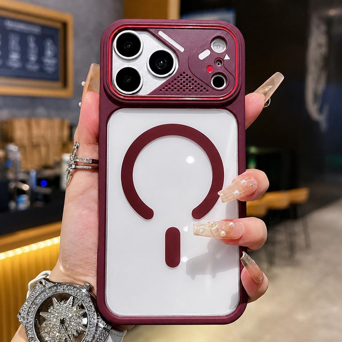 Compatible with iPhone 18 Pro Mirror Shield Iridescent Color Magnetic Phone Case - Red