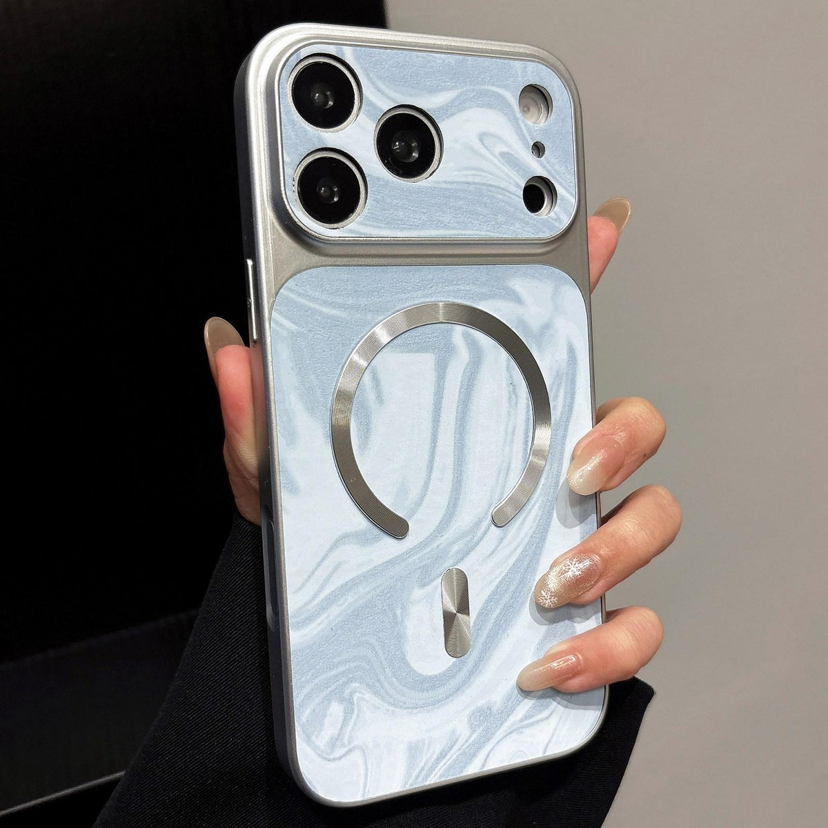 Compatible with iPhone 18 Pro Water Ripple PC Magnetic Vegan Leather Phone Case - Blue